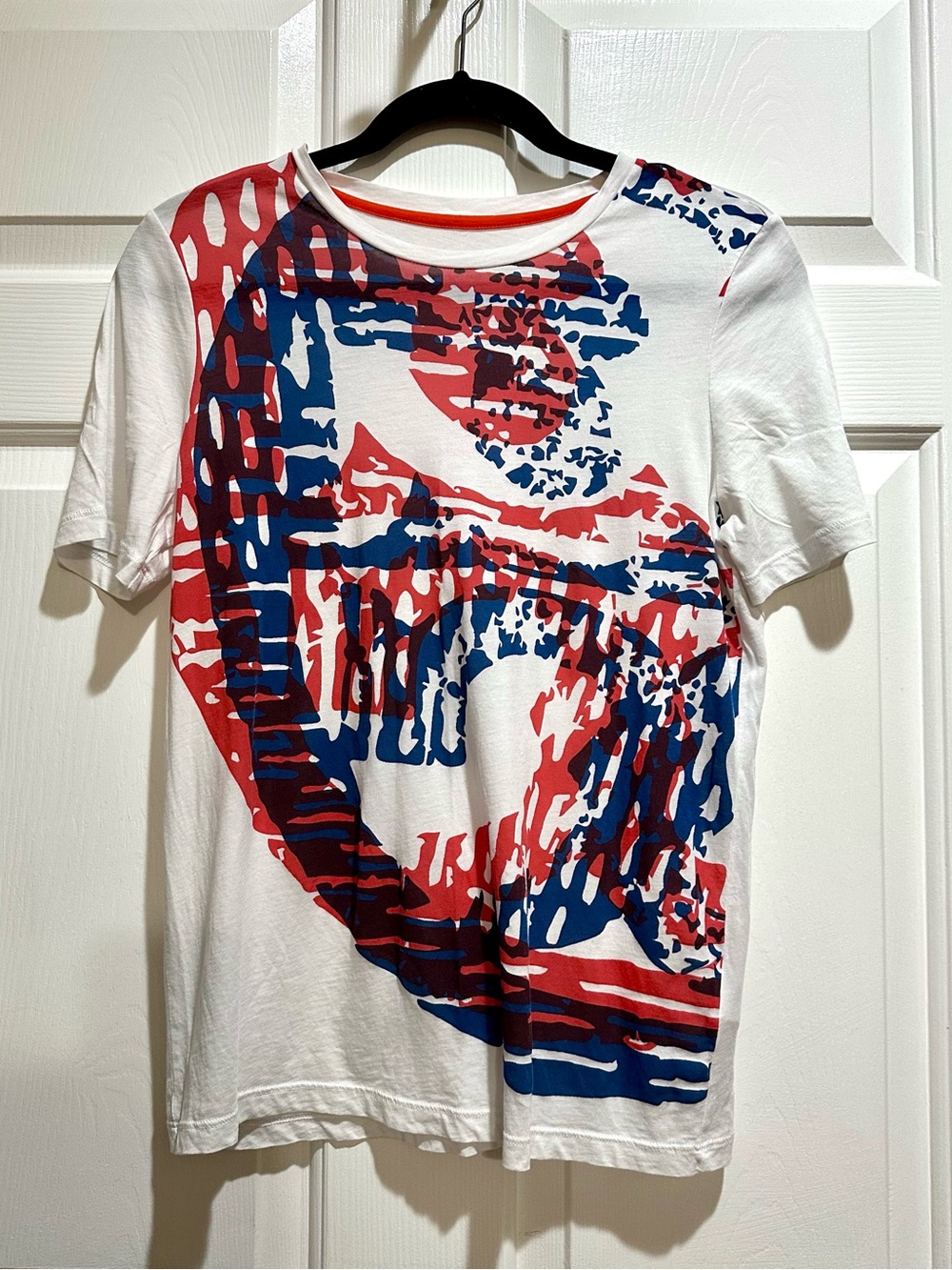 Tory Burch Graphic White Tee with Red & Blue Abstract Print